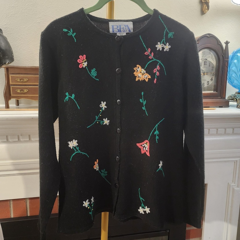 M Vintage Black and Floral Embroidered Cardigan Sweater
